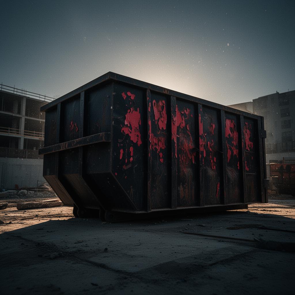Battle-worn red dumpster on a concrete site at dusk